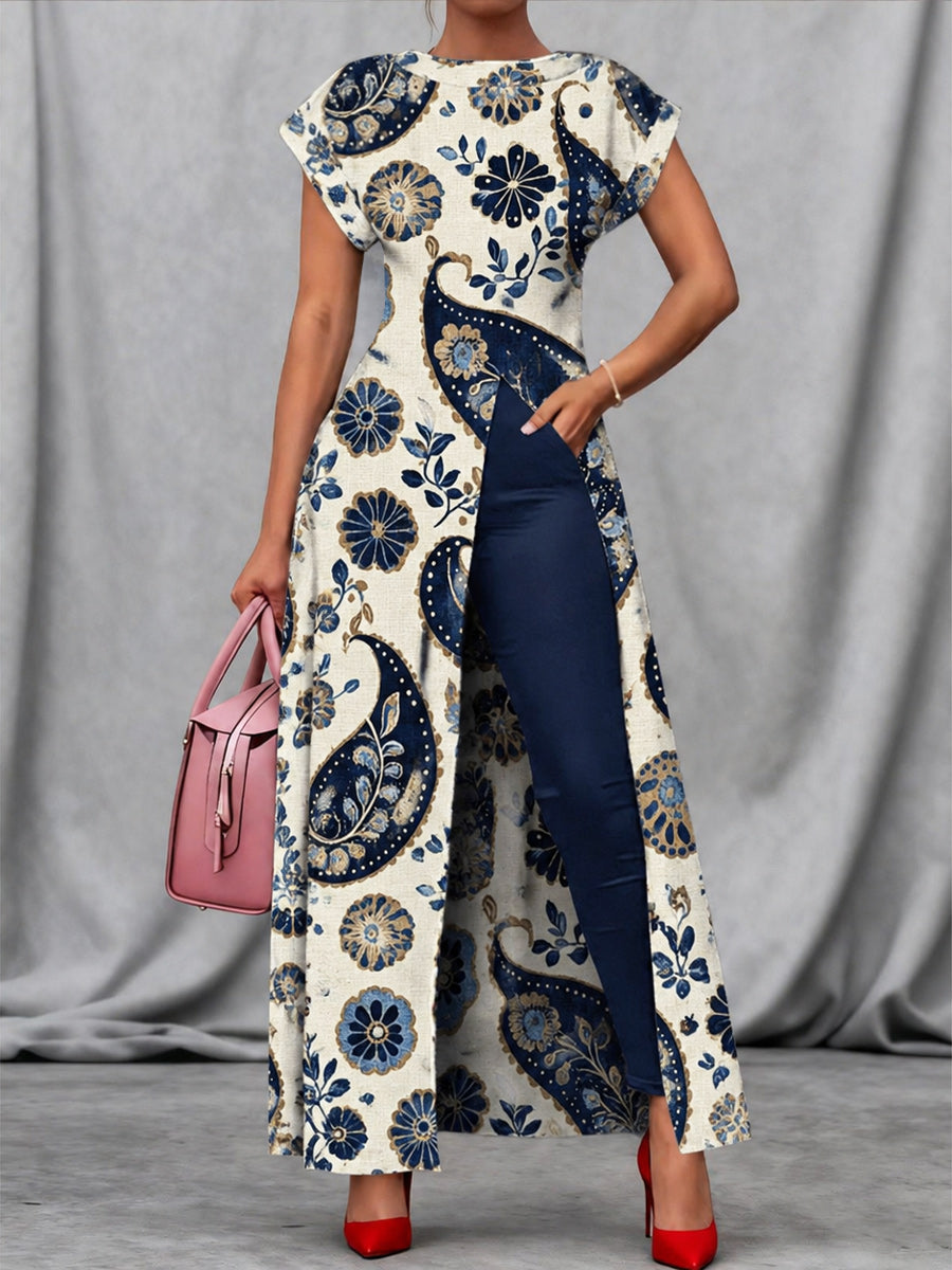 Retro Style Art Print Vintage Long Split Shirts Dress Skinny Pants Two-Piece Set